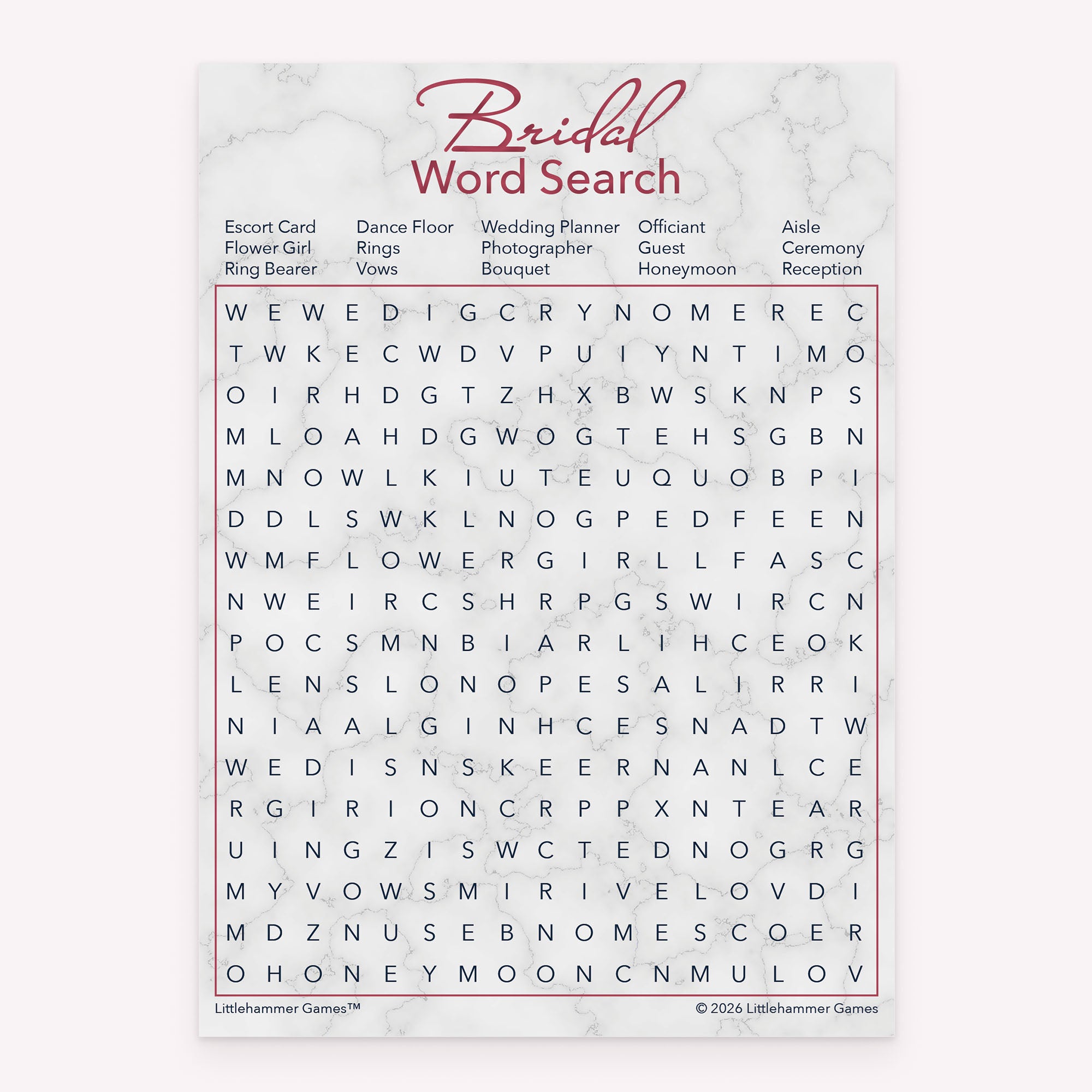 Bridal Word Search printable bridal shower activity in rose gold and marble style