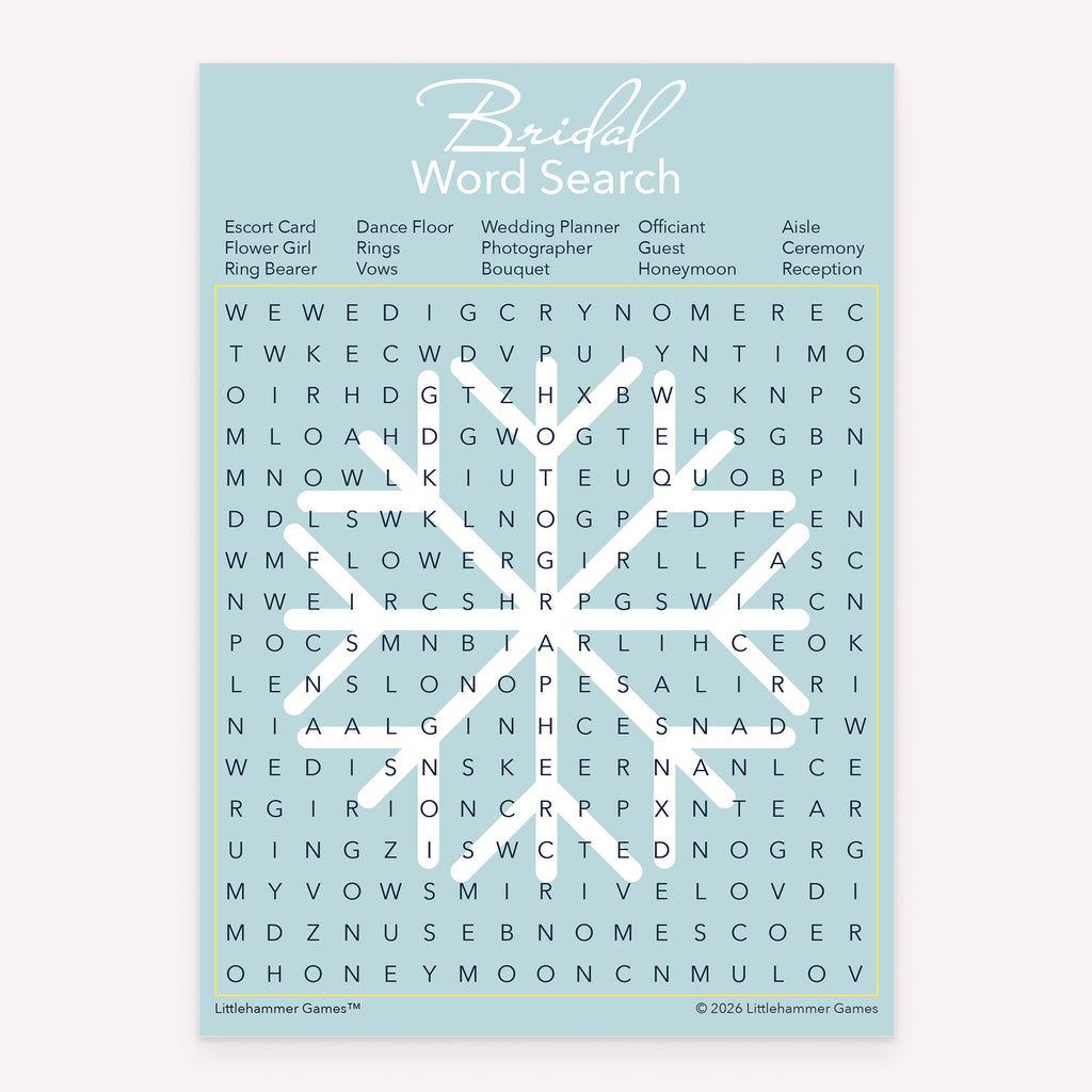 Bridal Word Search bridal shower printable activity card with a snowflake background