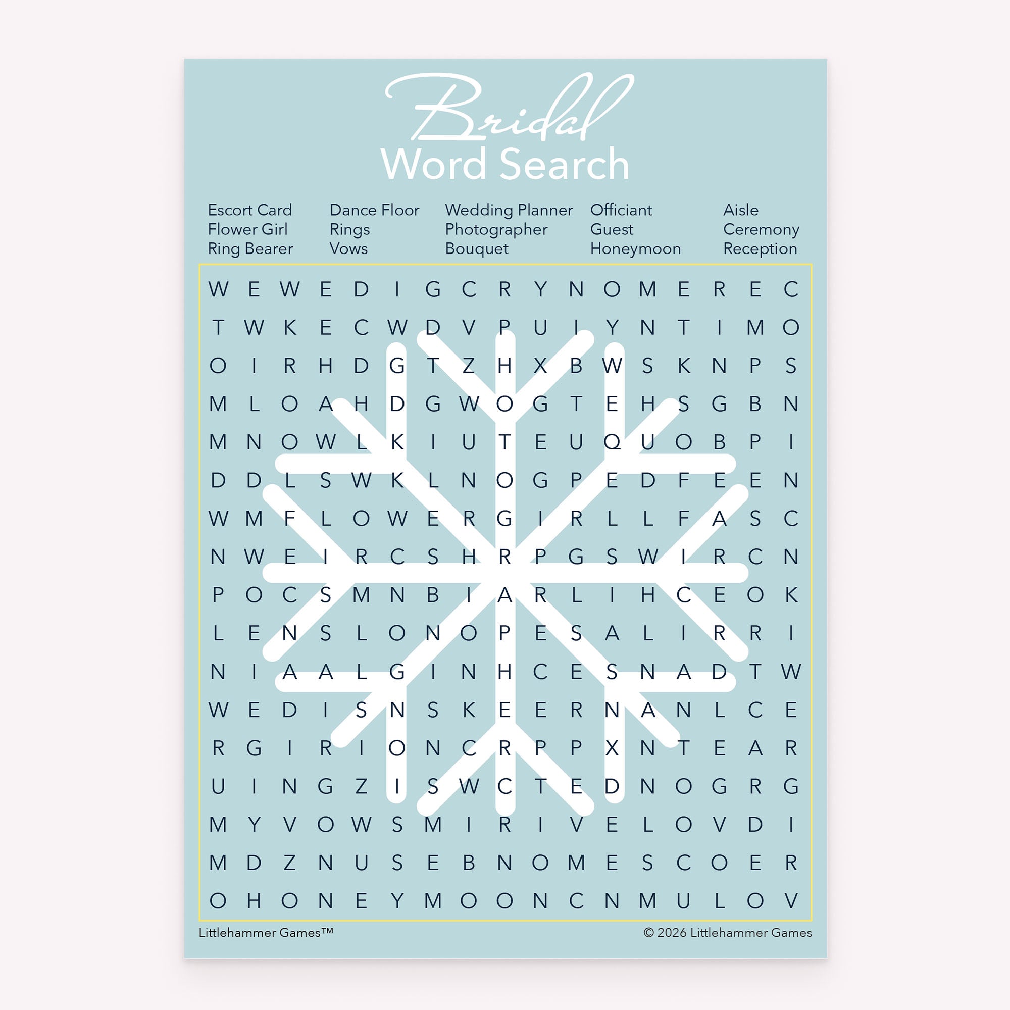 Bridal Word Search bridal shower printable activity card with a snowflake background