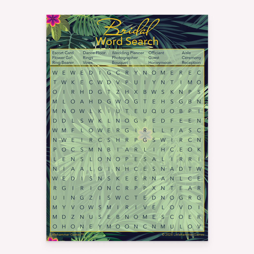 Bridal shower Bridal Word Search game card printable in tropical design