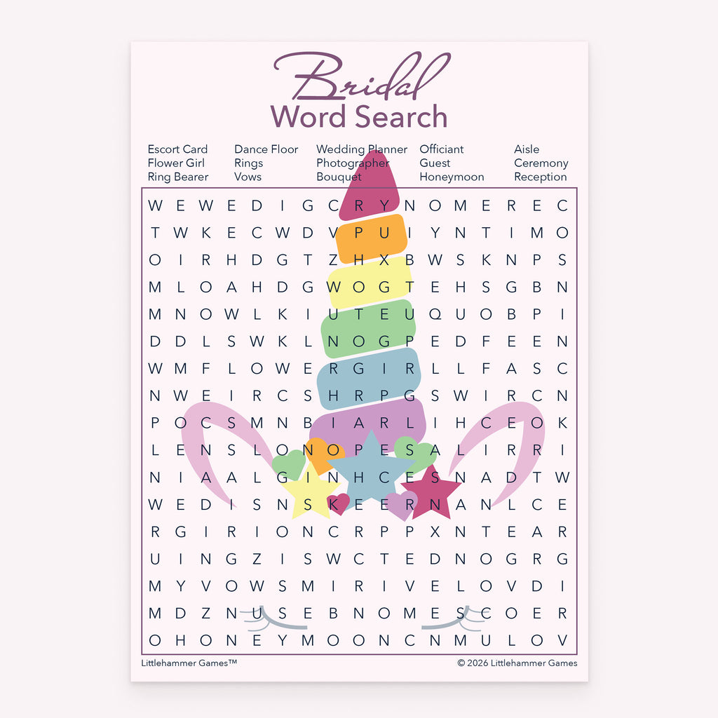 Bridal shower Bridal Word Search printable game card in pastel unicorn color scheme