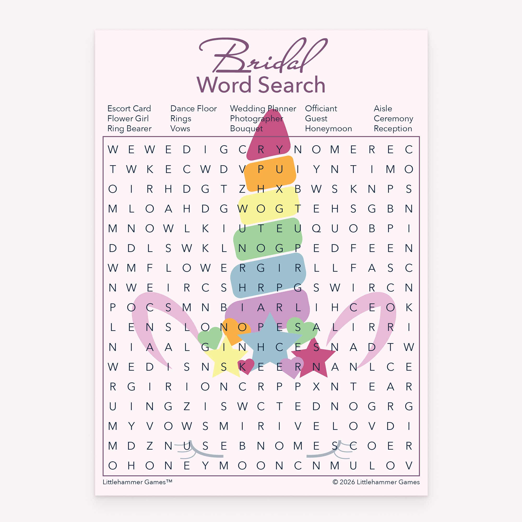 Bridal shower Bridal Word Search printable game card in pastel unicorn color scheme