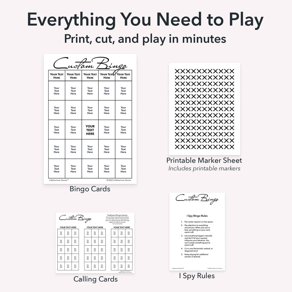 Printable custom bingo game set including game cards, calling cards, I Spy-style rules, and optional markers sheet in black and white