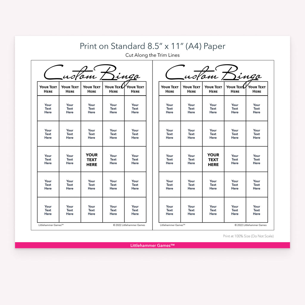 Printable black and white Custom Bingo card layout showing US Letter size dimensions and printing information