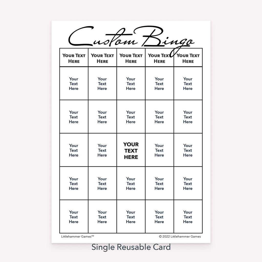 Custom bingo card template with customizable text on a white background