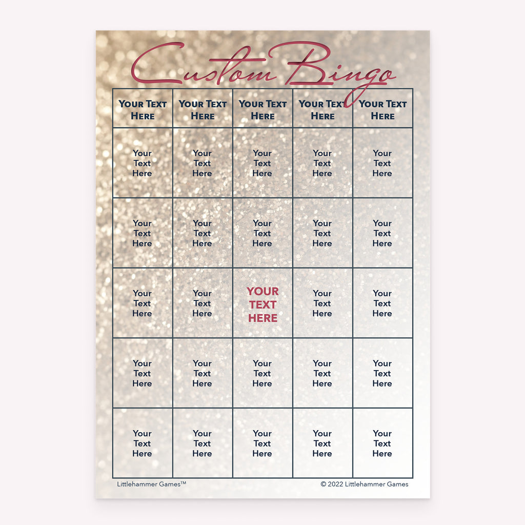 Rose gold glitter personalized bingo card printable layout