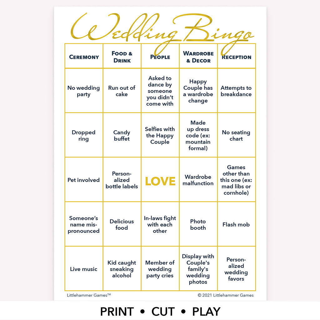 Video showing how the printable game works. Black game card printed, cards cut out with gold scissors, hand of person playing and getting a bingo