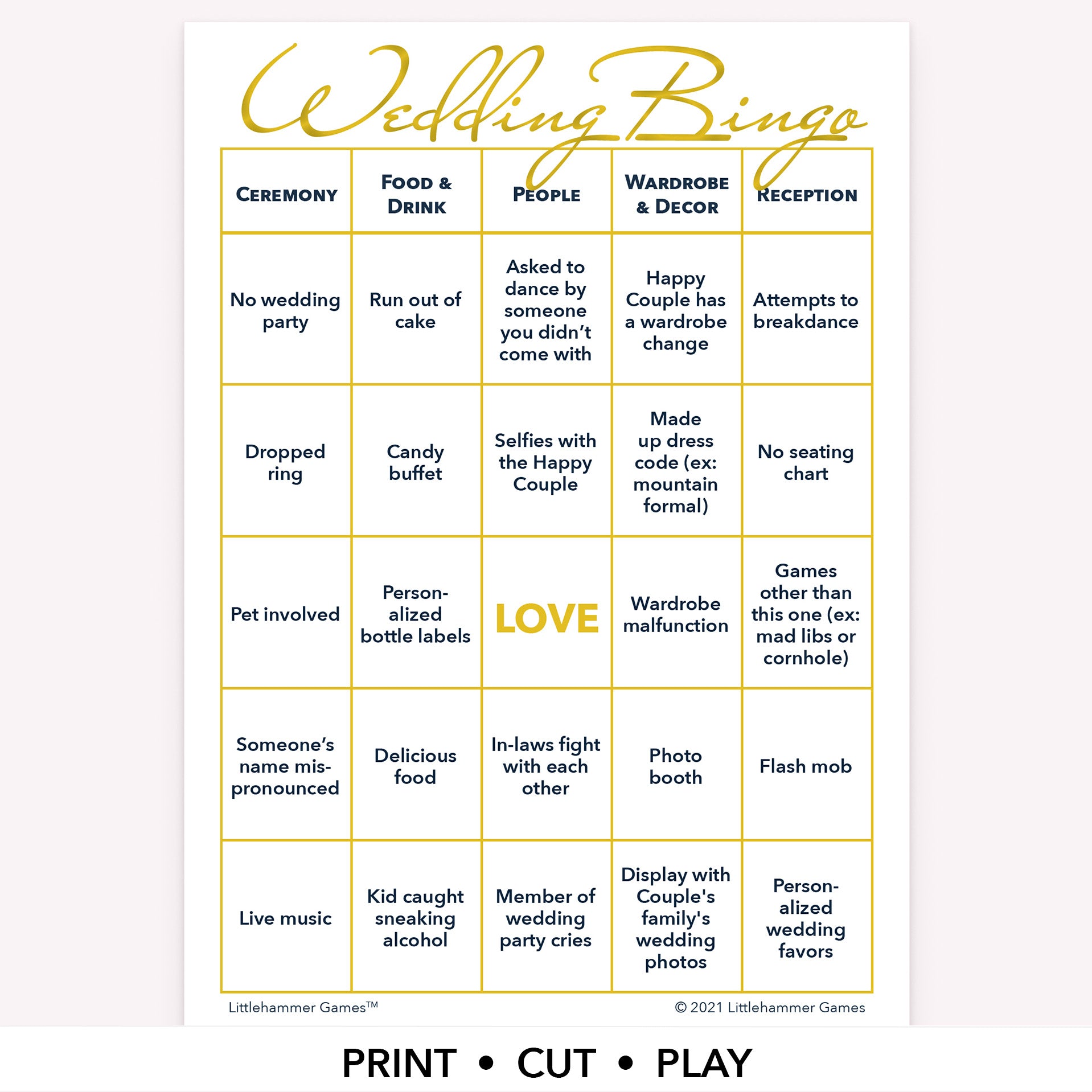 Video showing how the printable game works. Black game card printed, cards cut out with gold scissors, hand of person playing and getting a bingo