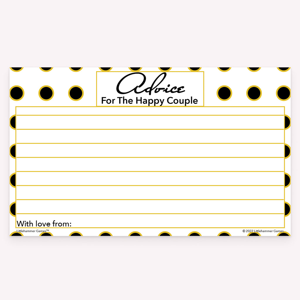 Black and gold polka dot happy couple advice card with decorative style and writing space