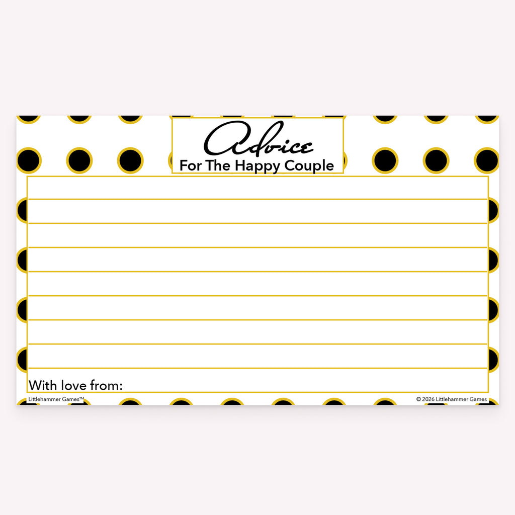 Black and gold polka dot happy couple advice card with decorative style and writing space