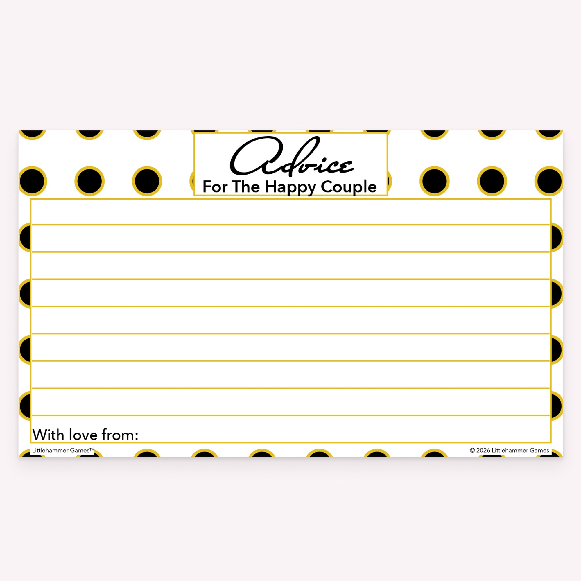 Black and gold polka dot happy couple advice card with decorative style and writing space
