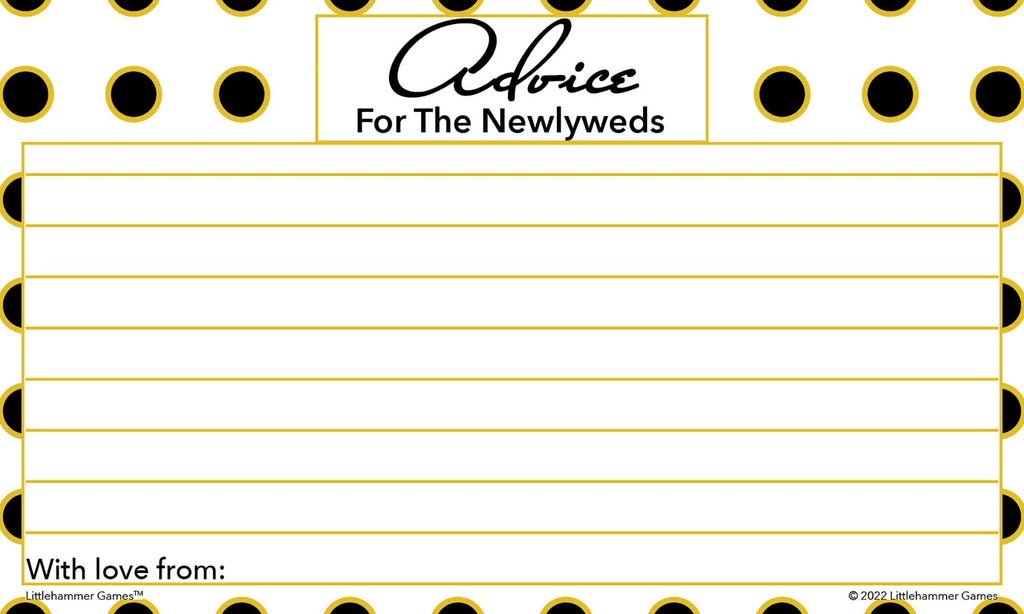 Black and gold polka dot Advice for the Newlyweds card for reception tables