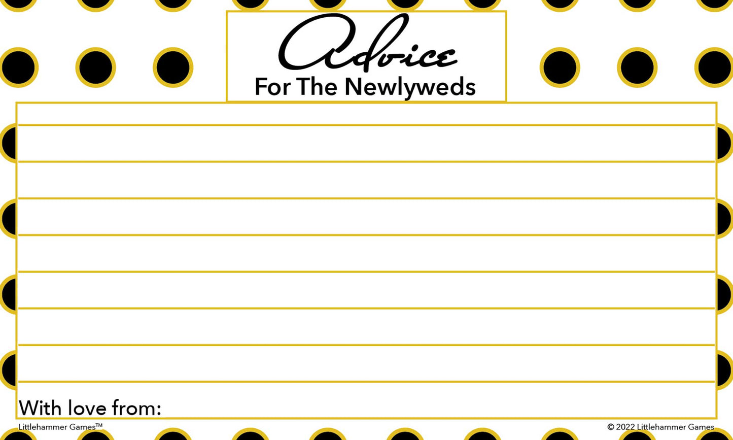 Black and gold polka dot Advice for the Newlyweds card for reception tables