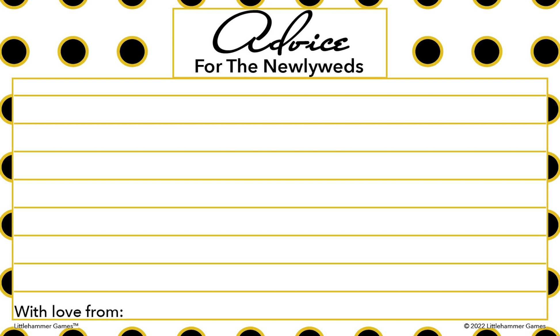 Black and gold polka dot Advice for the Newlyweds card for reception tables
