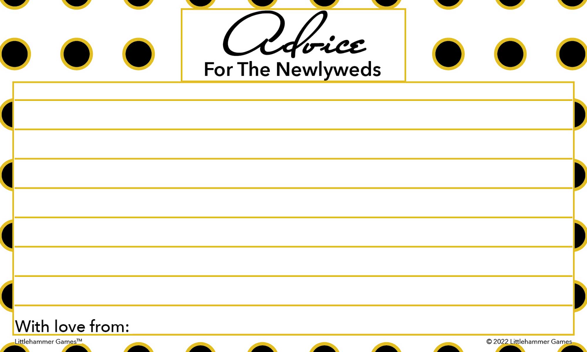 Black and gold polka dot Advice for the Newlyweds card for reception tables