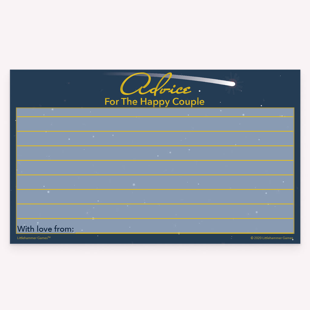 Celestial-themed Advice for the Happy Couple card with blank space for guest tips