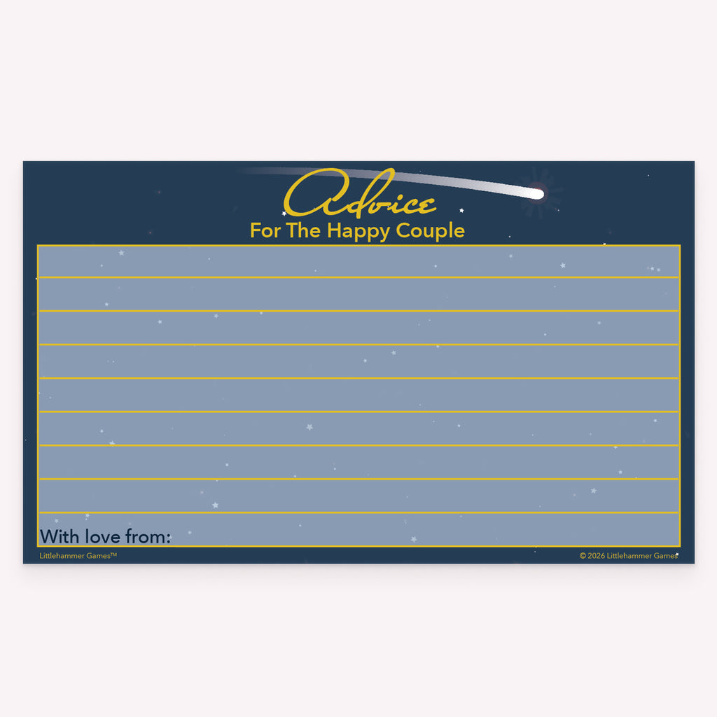 Celestial-themed Advice for the Happy Couple card with blank space for guest tips