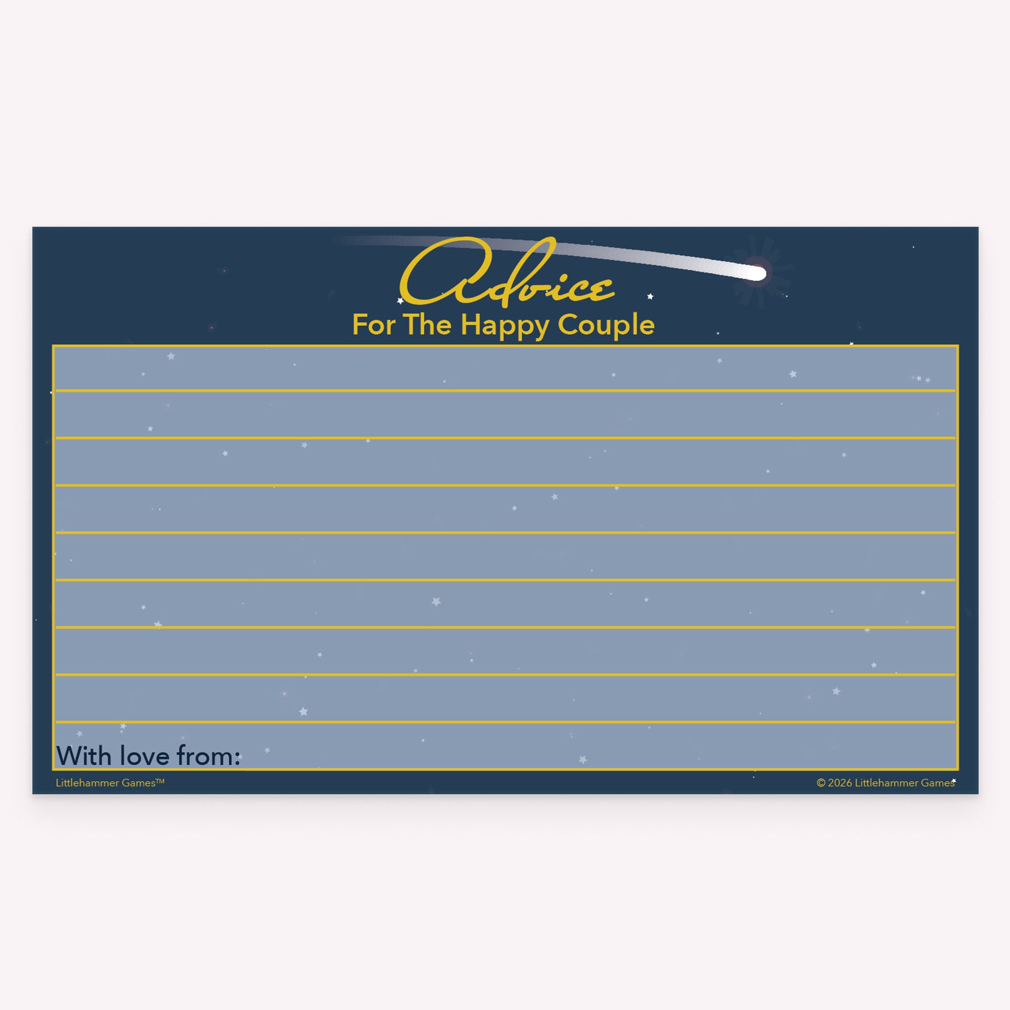 Celestial-themed Advice for the Happy Couple card with blank space for guest tips