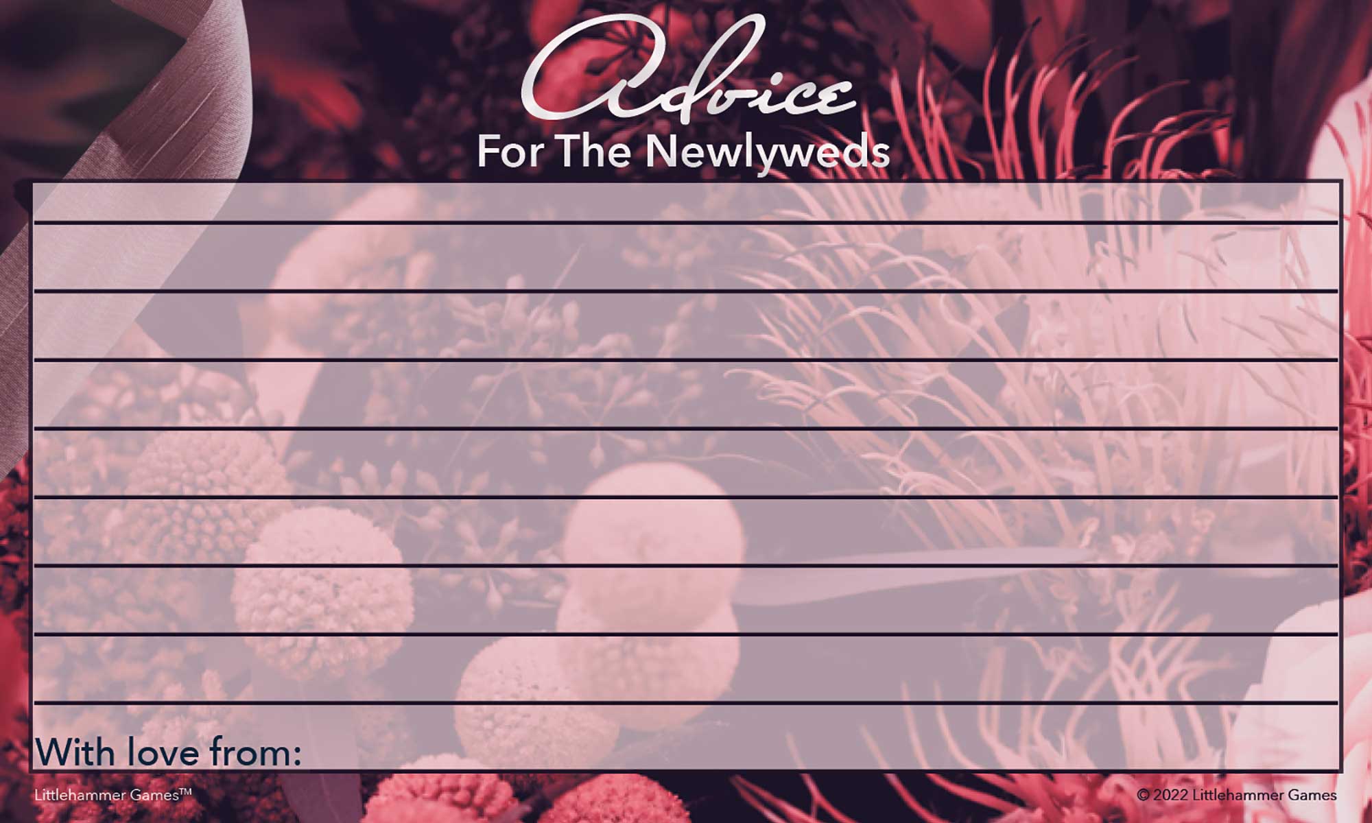 Dark floral Advice for the Newlyweds card with guest writing lines