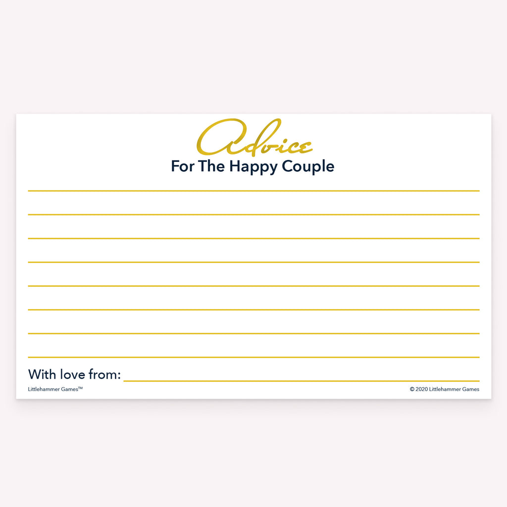 Gold and white wedding advice card with decorative background and message lines