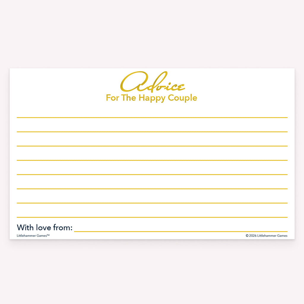 Gold and white wedding advice card with decorative background and message lines