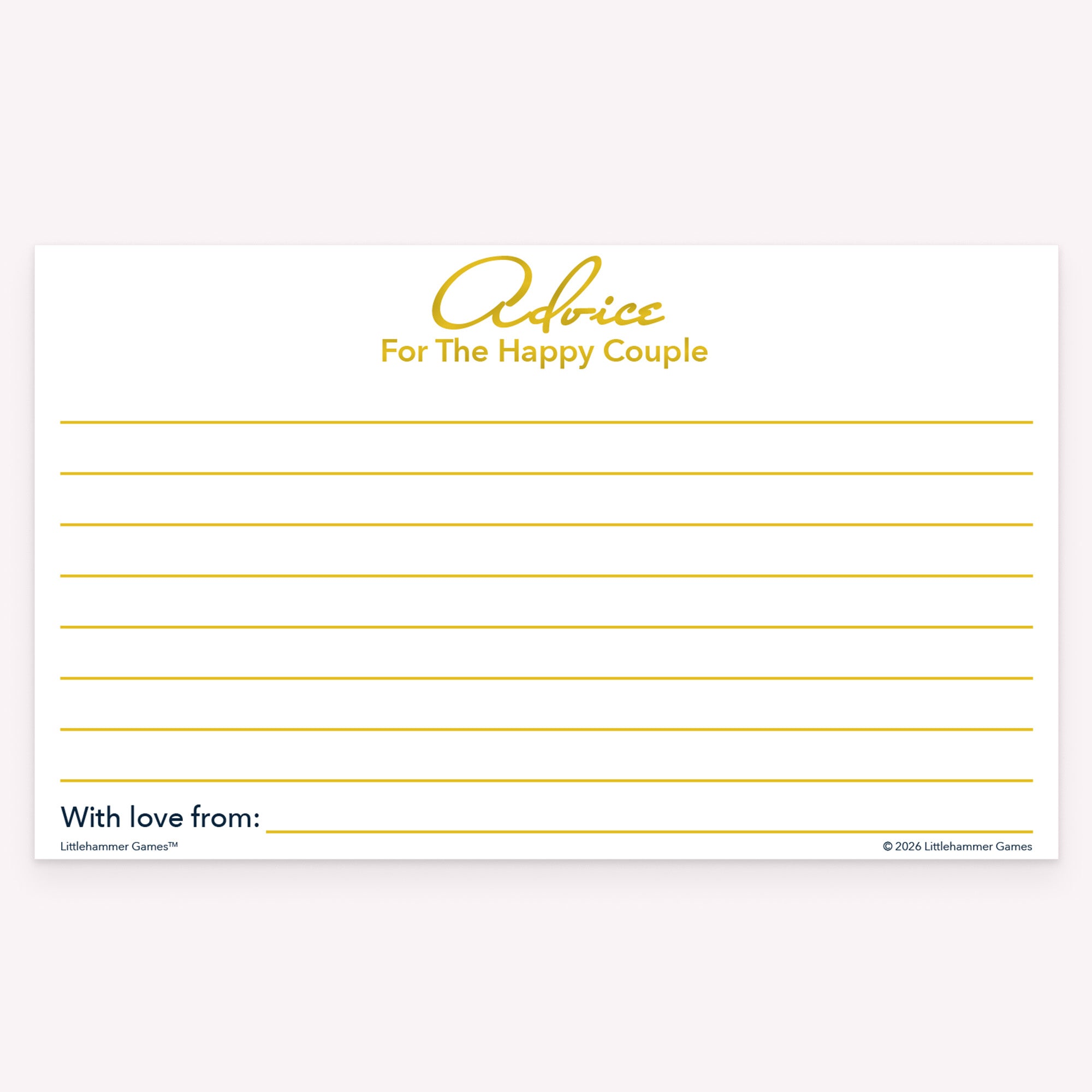 Gold and white wedding advice card with decorative background and message lines