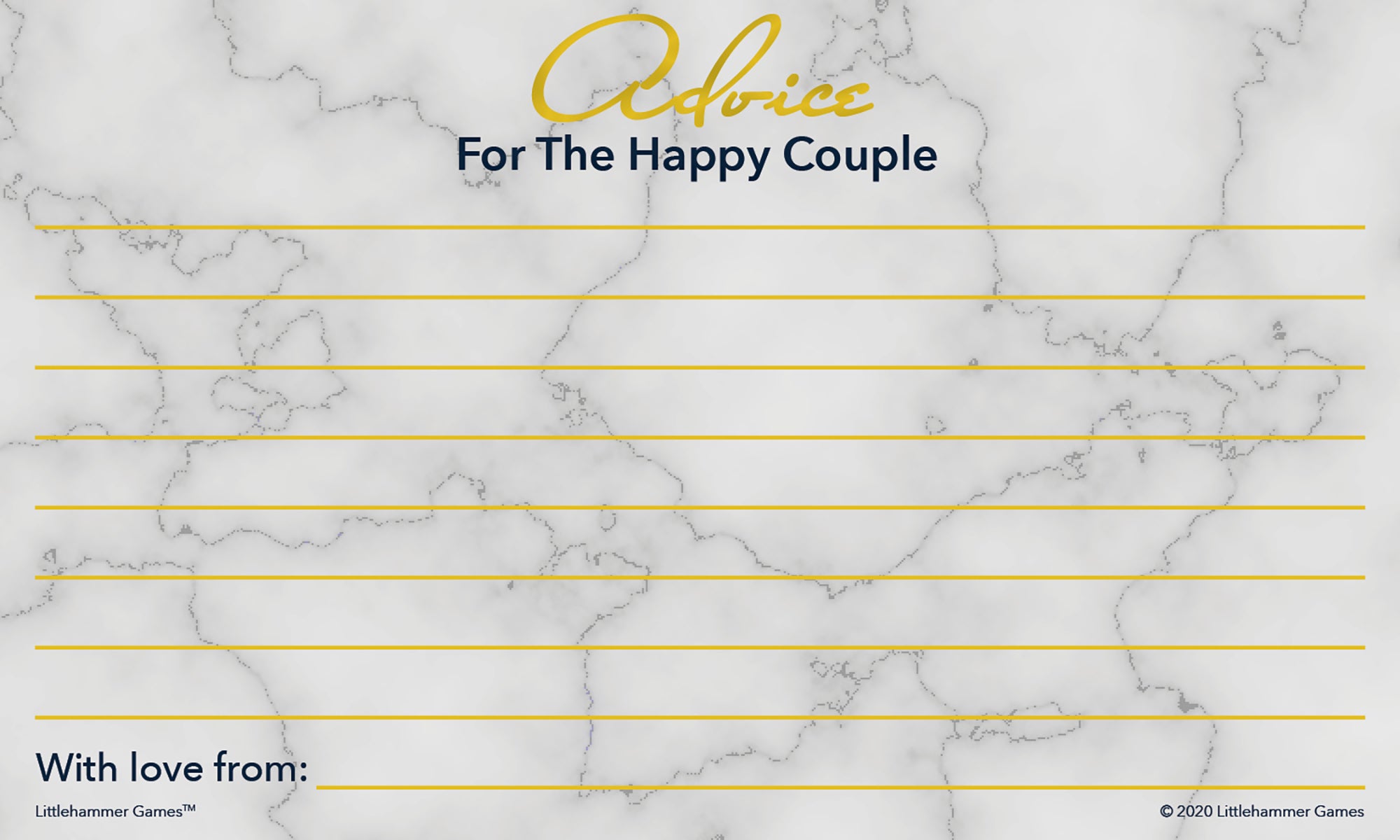 Printable gold and marble happy couple advice card for marriage tips