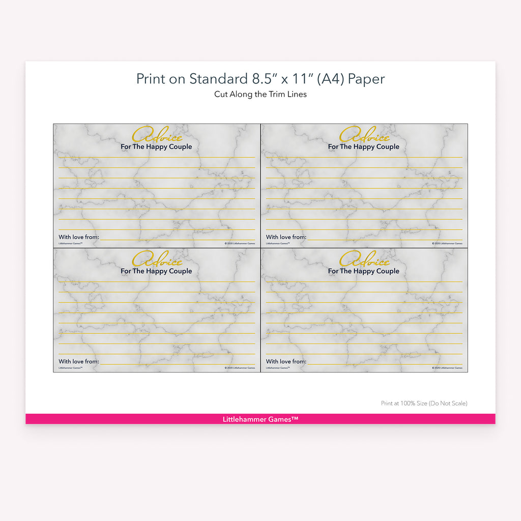 Printable gold and marble Advice for the Happy Couple card layout showing US Letter size dimensions and printing information
