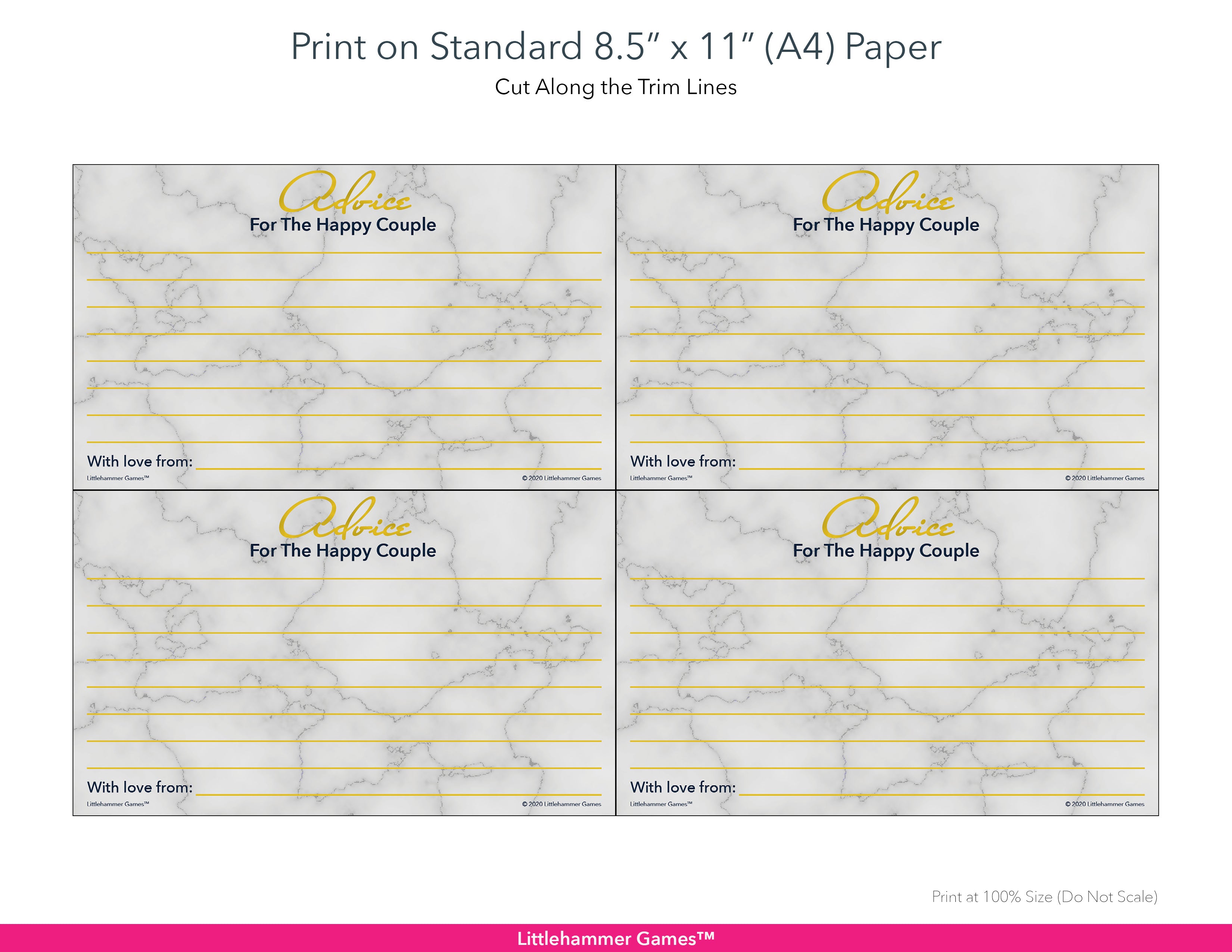 Printable gold and marble Advice for the Happy Couple card layout showing US Letter size dimensions and printing information