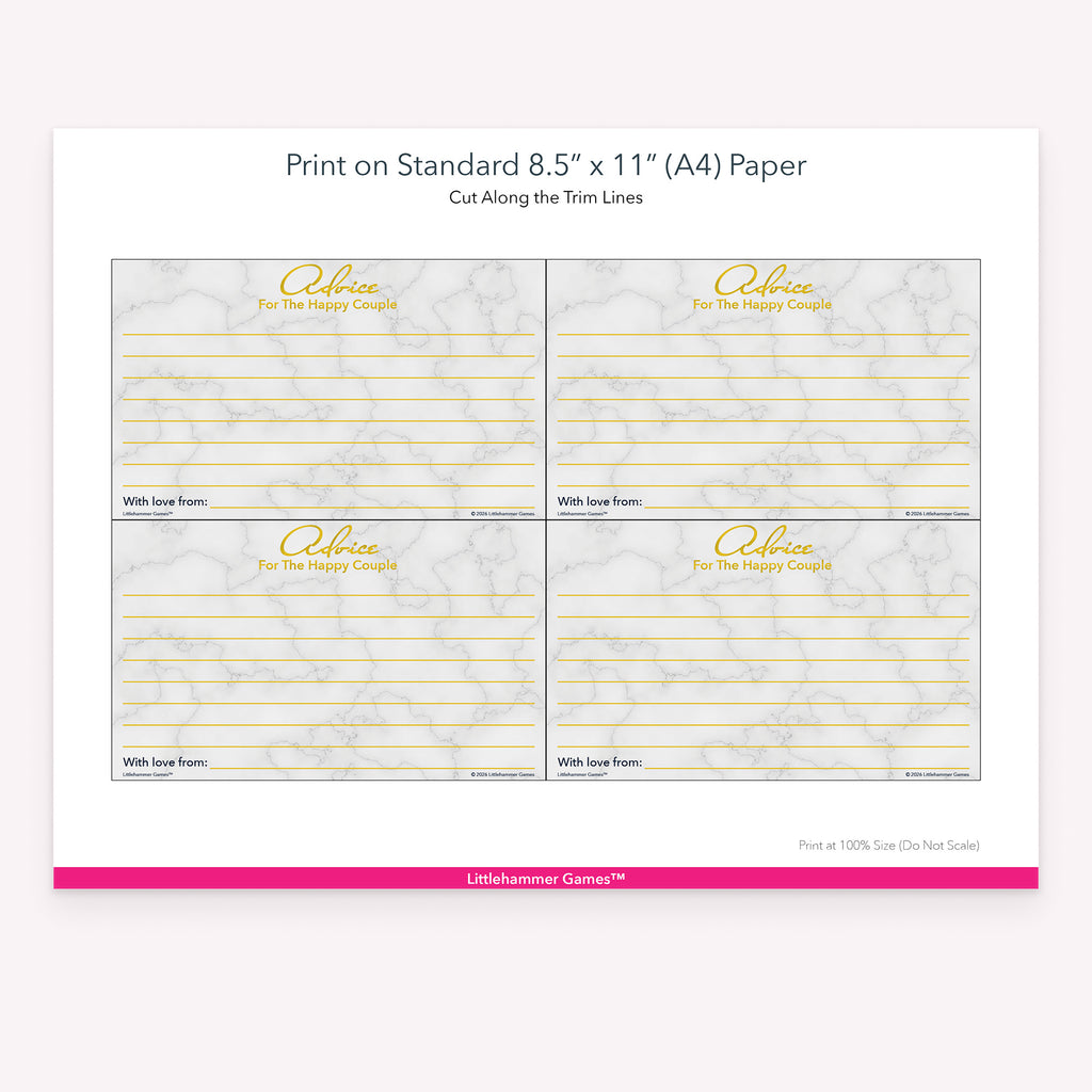 Printable gold and marble Advice for the Happy Couple card layout showing US Letter size dimensions and printing information