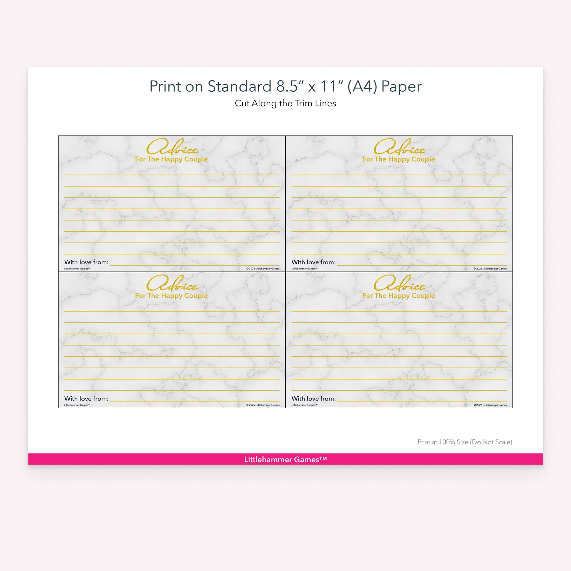 Printable gold and marble Advice for the Happy Couple card layout showing US Letter size dimensions and printing information