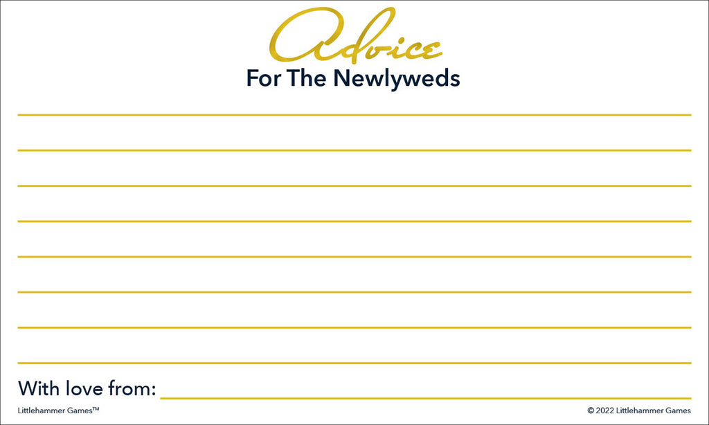 Printable gold and white newlywed advice card for love and well wishes