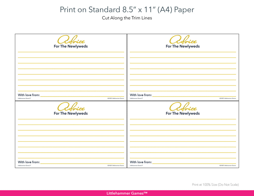 Printable gold Advice for the Newlyweds card layout showing US Letter size dimensions and printing information