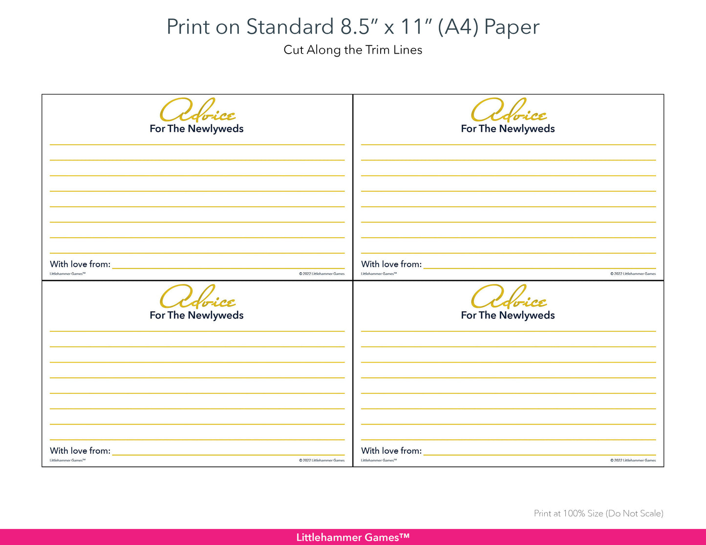 Printable gold Advice for the Newlyweds card layout showing US Letter size dimensions and printing information