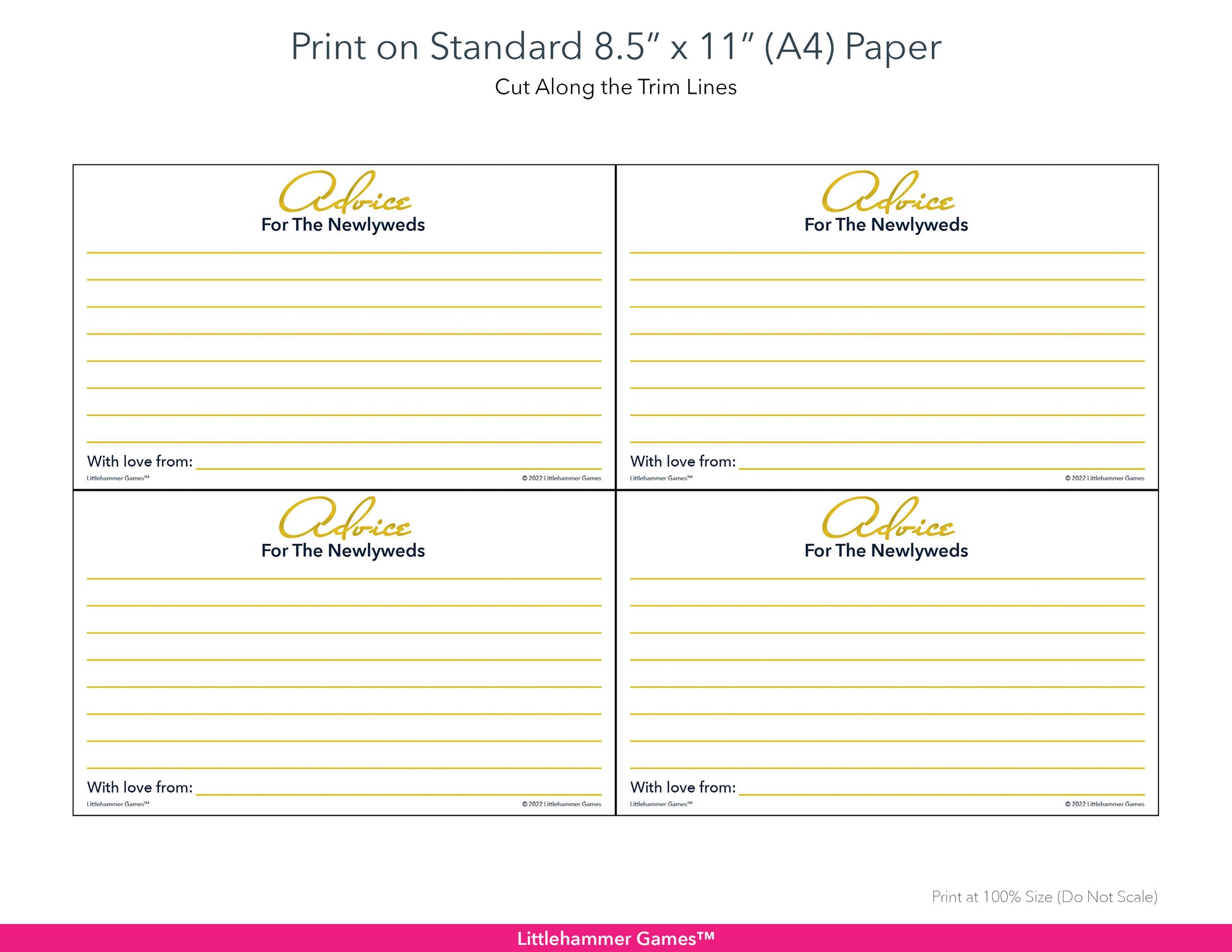 Printable gold Advice for the Newlyweds card layout showing US Letter size dimensions and printing information