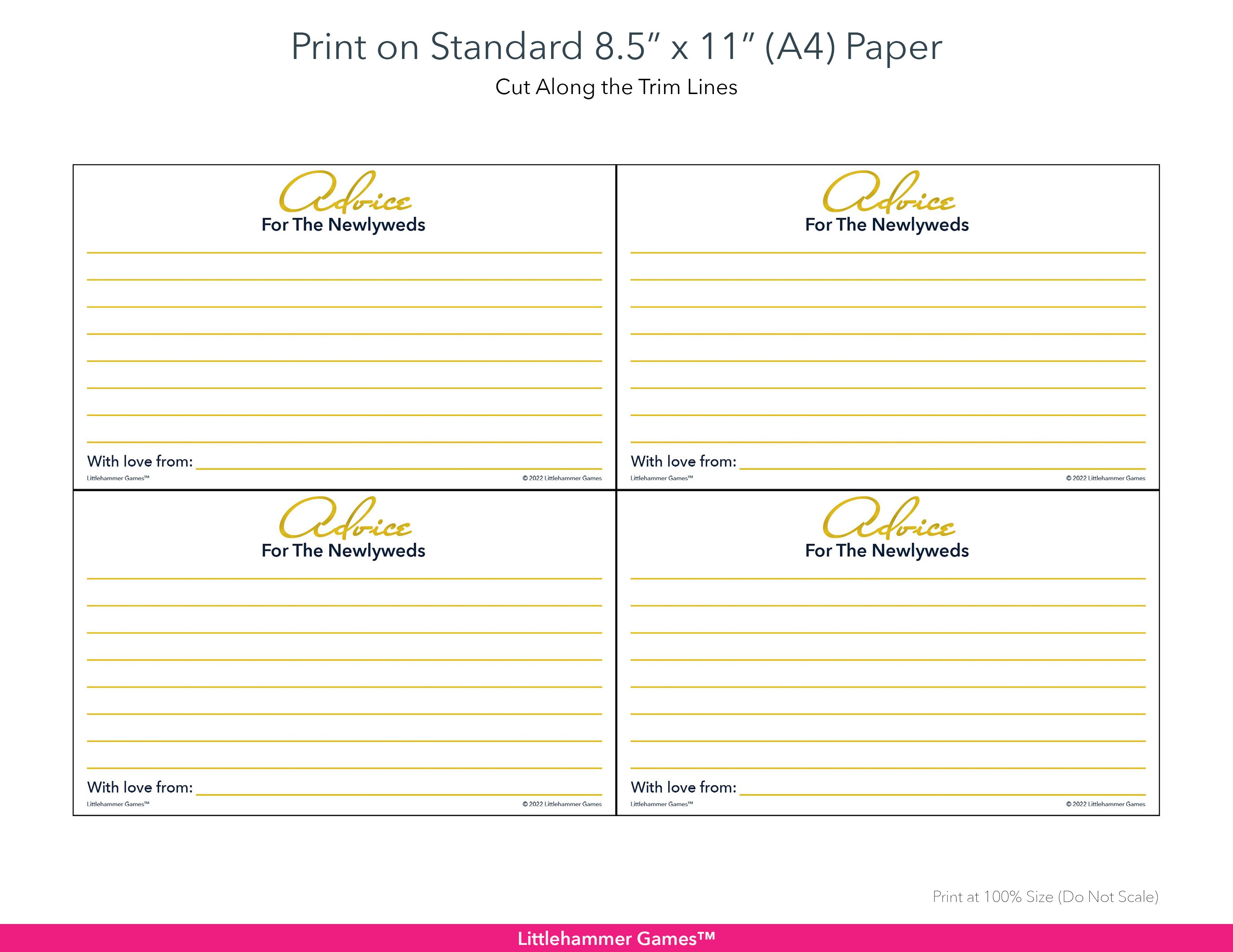 Printable gold Advice for the Newlyweds card layout showing US Letter size dimensions and printing information