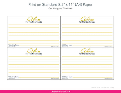 Printable gold Advice for the Newlyweds card layout showing US Letter size dimensions and printing information