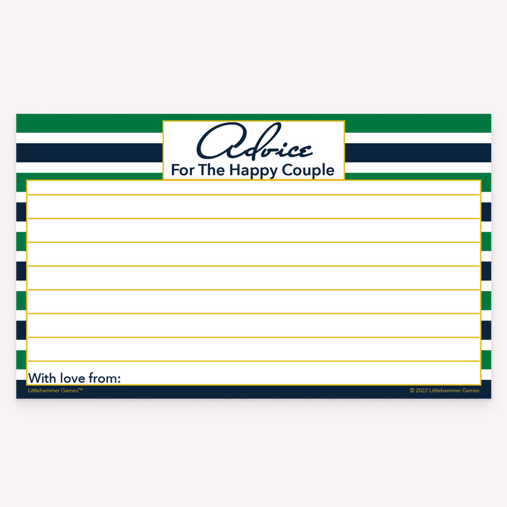 Green and navy-striped happy couple advice card with clean lined layout