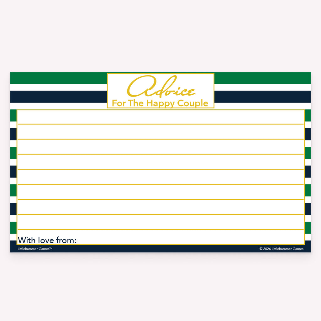 Green and navy-striped happy couple advice card with clean lined layout
