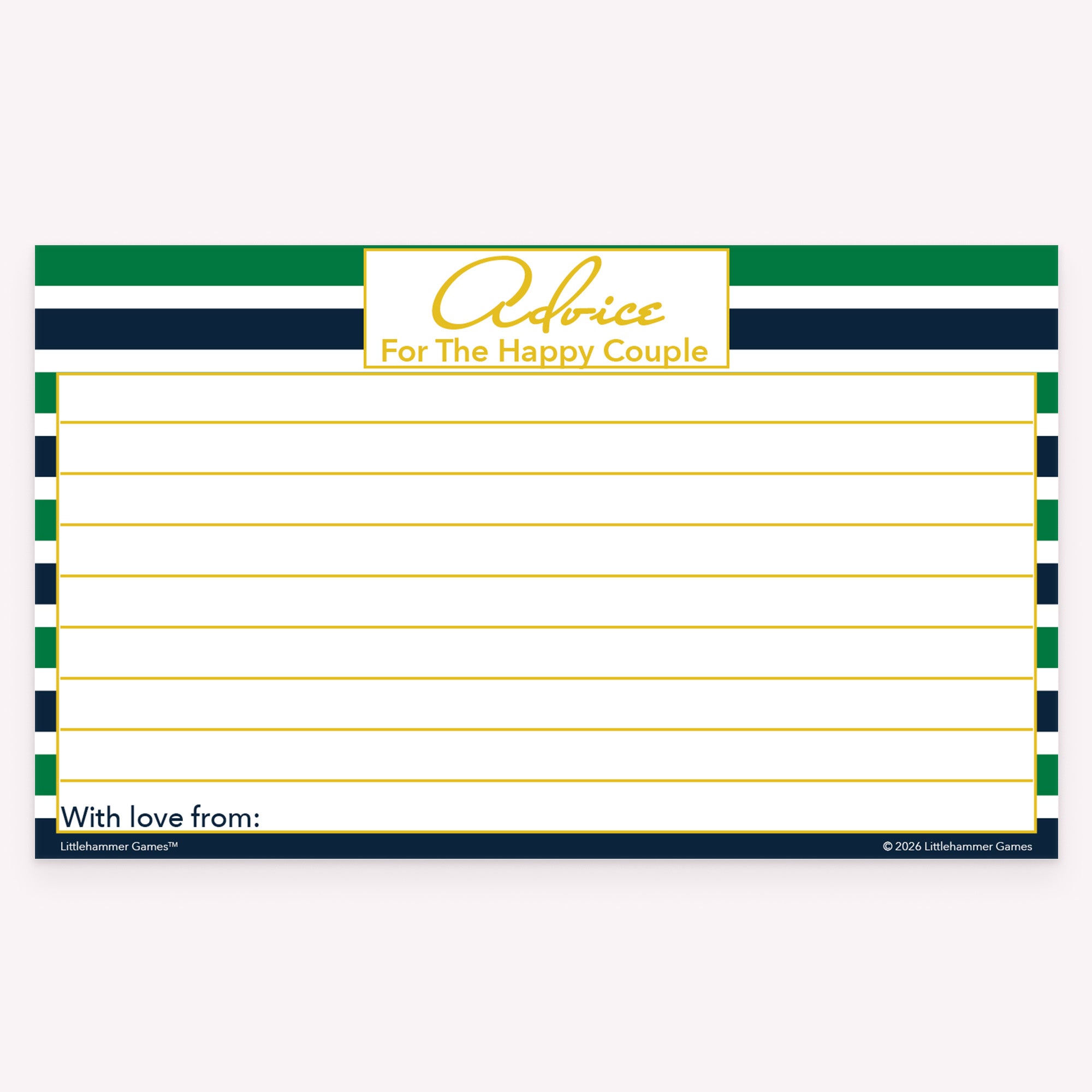 Green and navy-striped happy couple advice card with clean lined layout