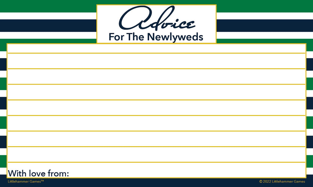 Green and navy stripe printable Advice for the Newlyweds wedding card with guest message lines