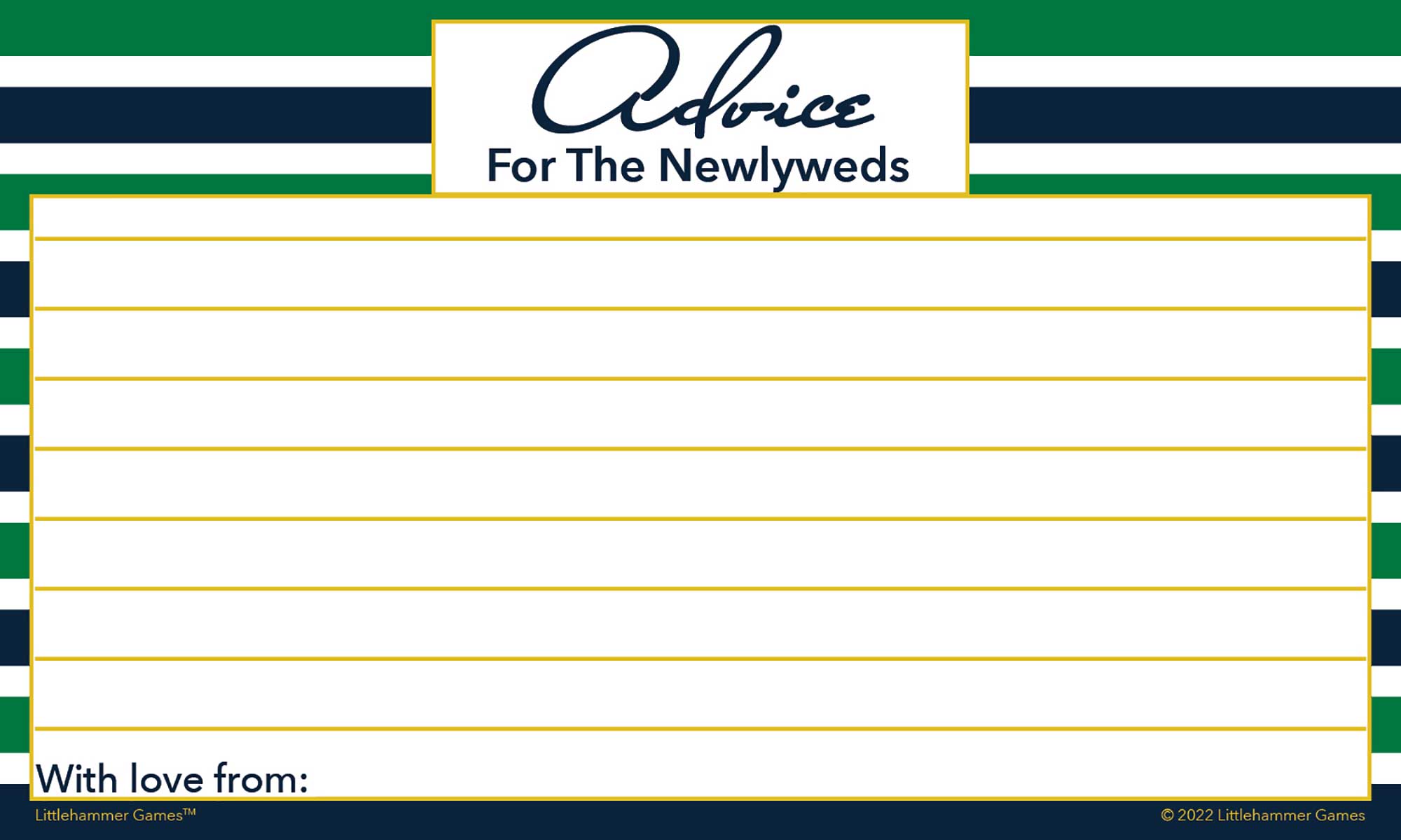 Green and navy stripe printable Advice for the Newlyweds wedding card with guest message lines