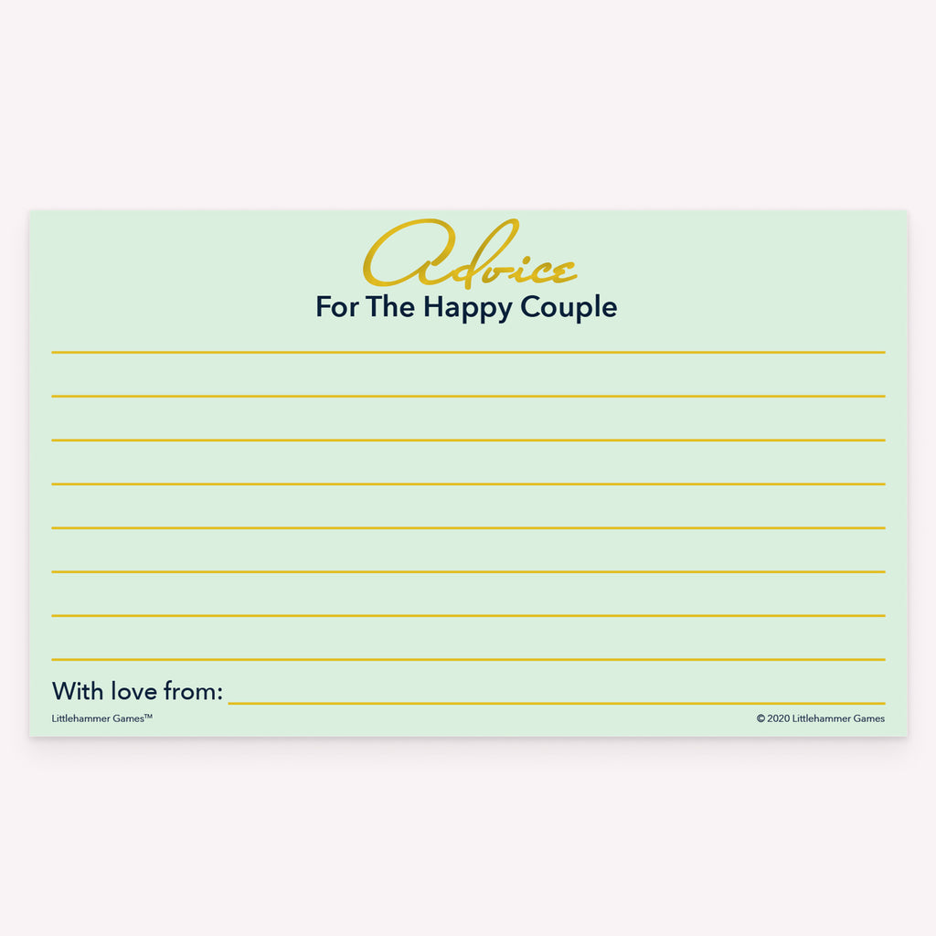 Mint and gold Advice for the Happy Couple card with structured writing space