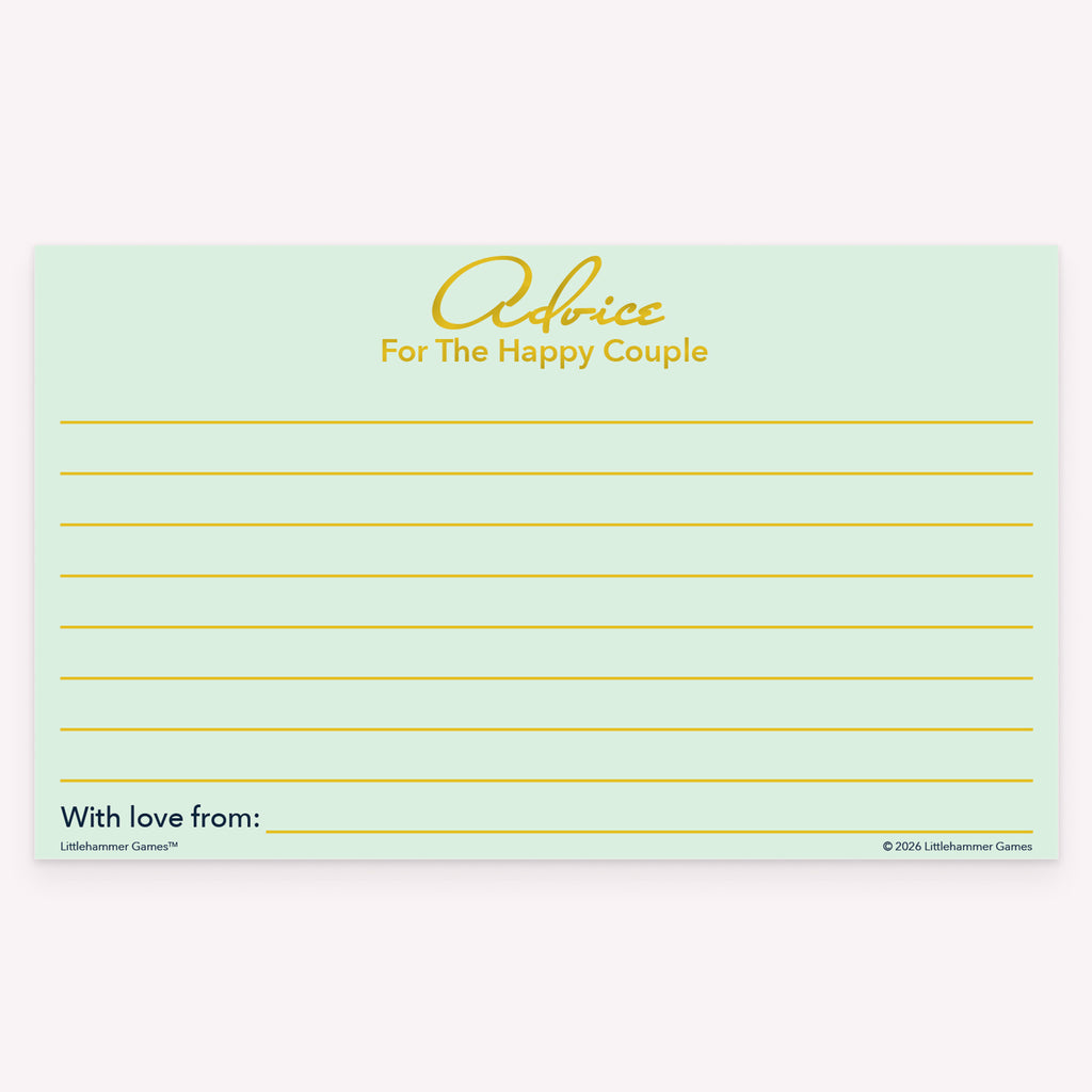 Mint and gold Advice for the Happy Couple card with structured writing space