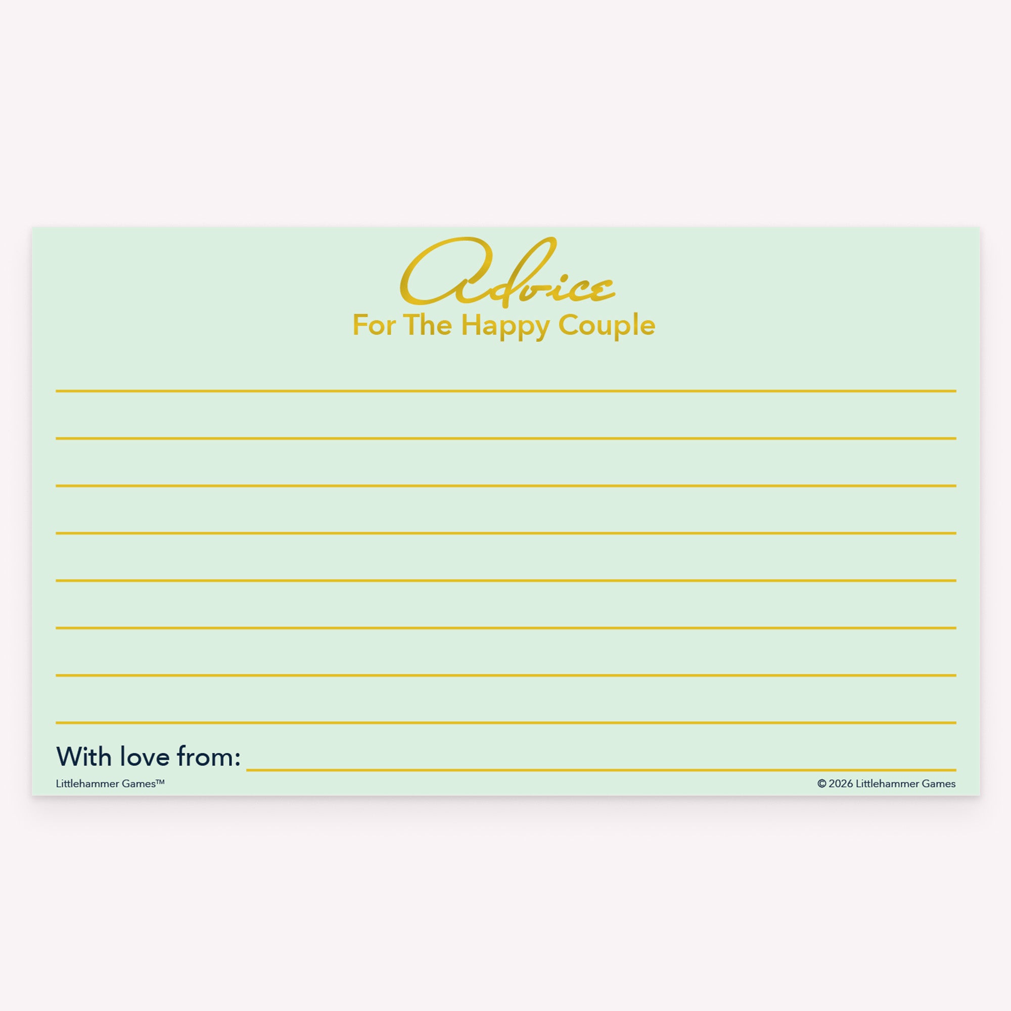 Mint and gold Advice for the Happy Couple card with structured writing space