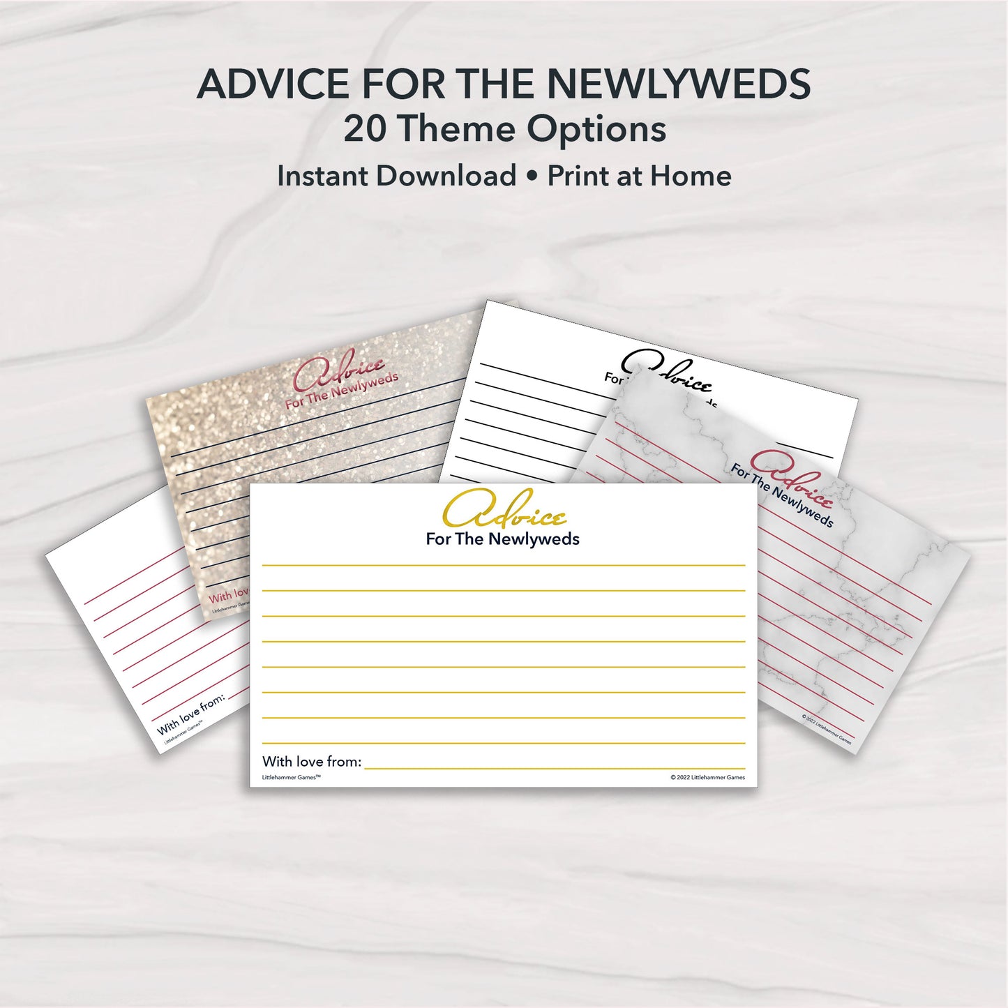 Printable Advice for the Newlyweds wedding advice cards collage featuring 5 design choices