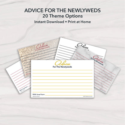 Printable Advice for the Newlyweds wedding advice cards collage featuring 5 design choices