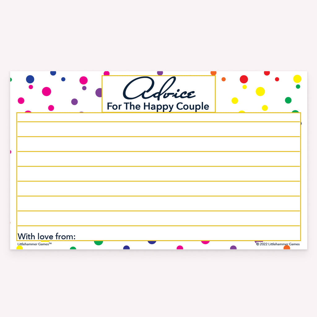 Rainbow polka dot Advice for the Happy Couple card for reception tables