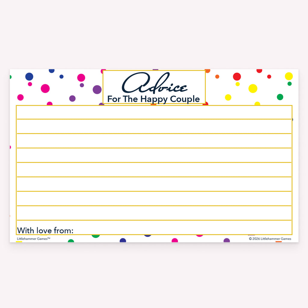 Rainbow polka dot Advice for the Happy Couple card for reception tables