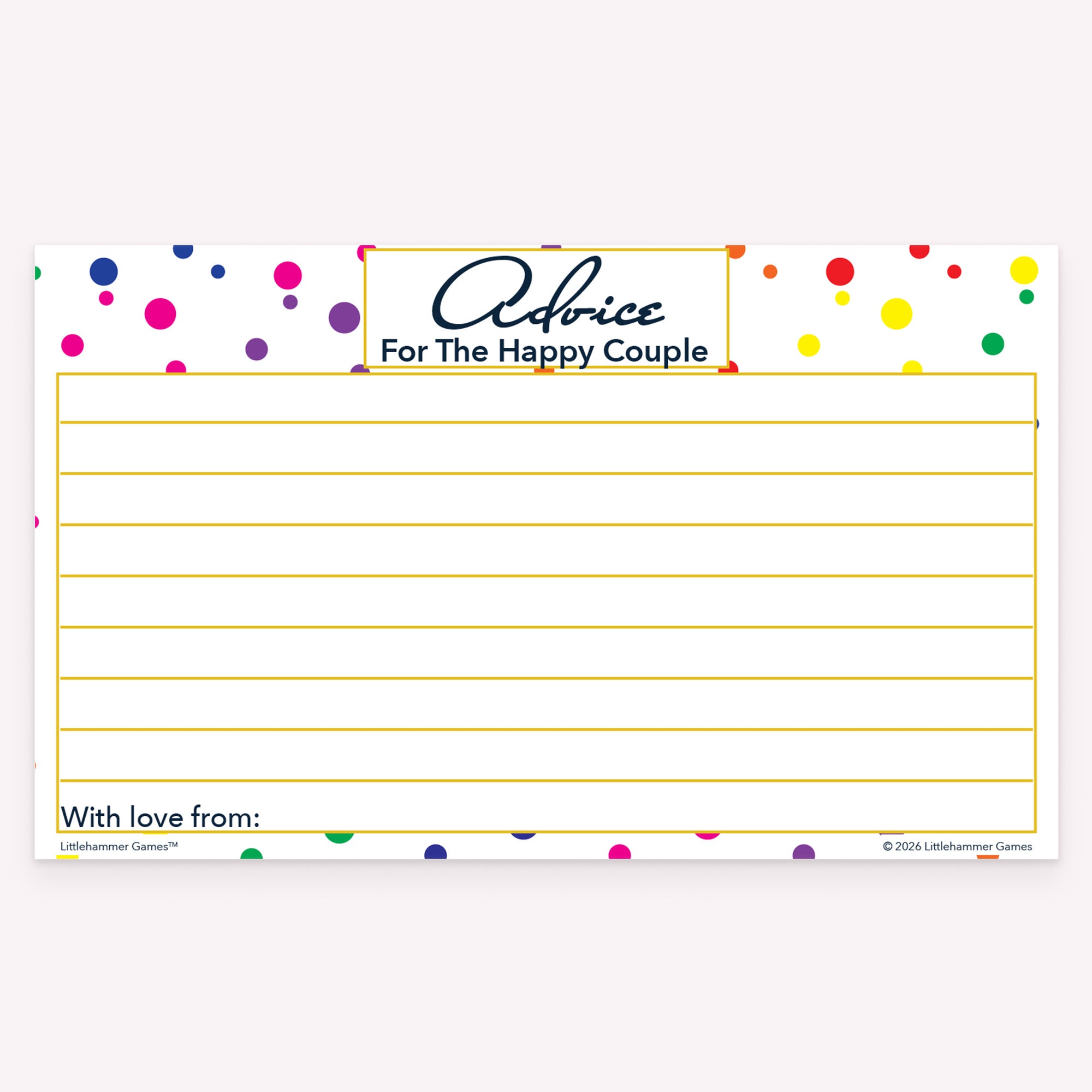 Rainbow polka dot Advice for the Happy Couple card for reception tables